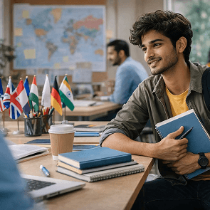 Students learning global trade strategies and international business management concepts in a BBA in International Business program at Atlas University.