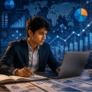 Visual showing the core BBA business analytics subjects including management, statistics, predictive analytics, and financial analysis