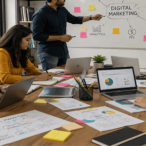 Infographic showing core BBA in digital marketing subjects including SEO, social media, analytics, content strategy, and e-commerce