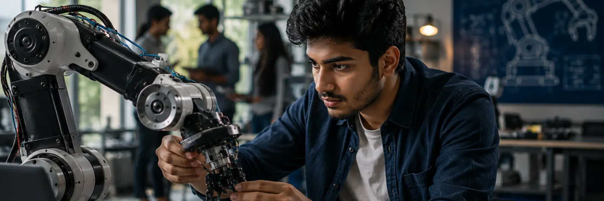 Engineering student building and programming a robot in a BTech in Robotics laboratory
