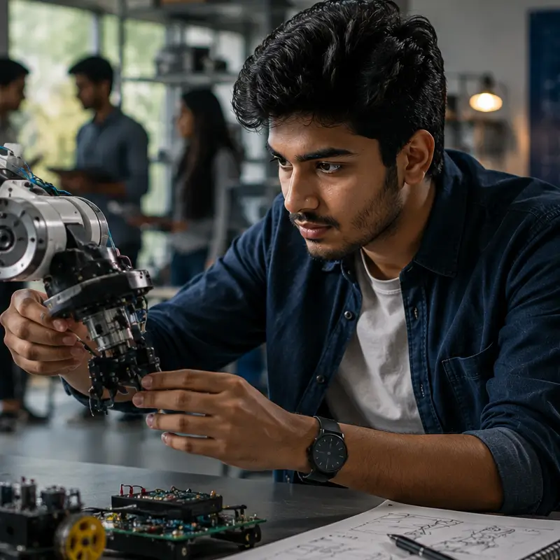 Engineering student building and programming a robot in a BTech in Robotics laboratory