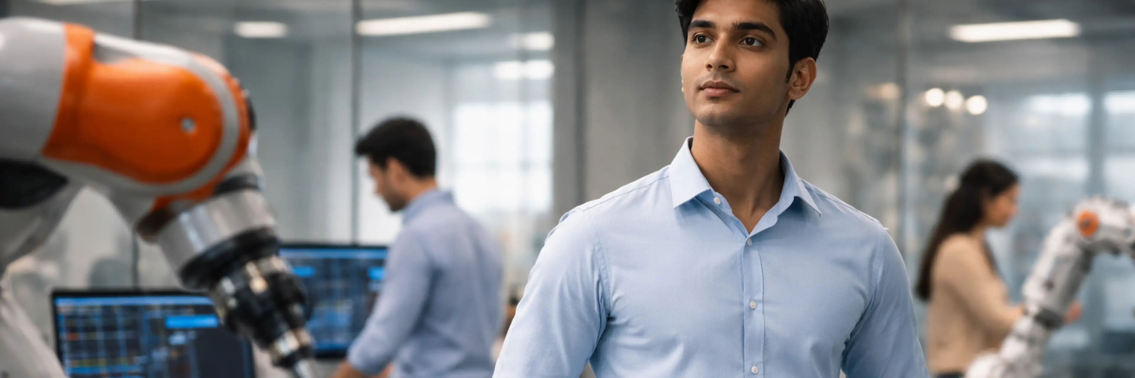 A BTech Robotics graduate working alongside an industrial robotic arm in a smart manufacturing facility in India