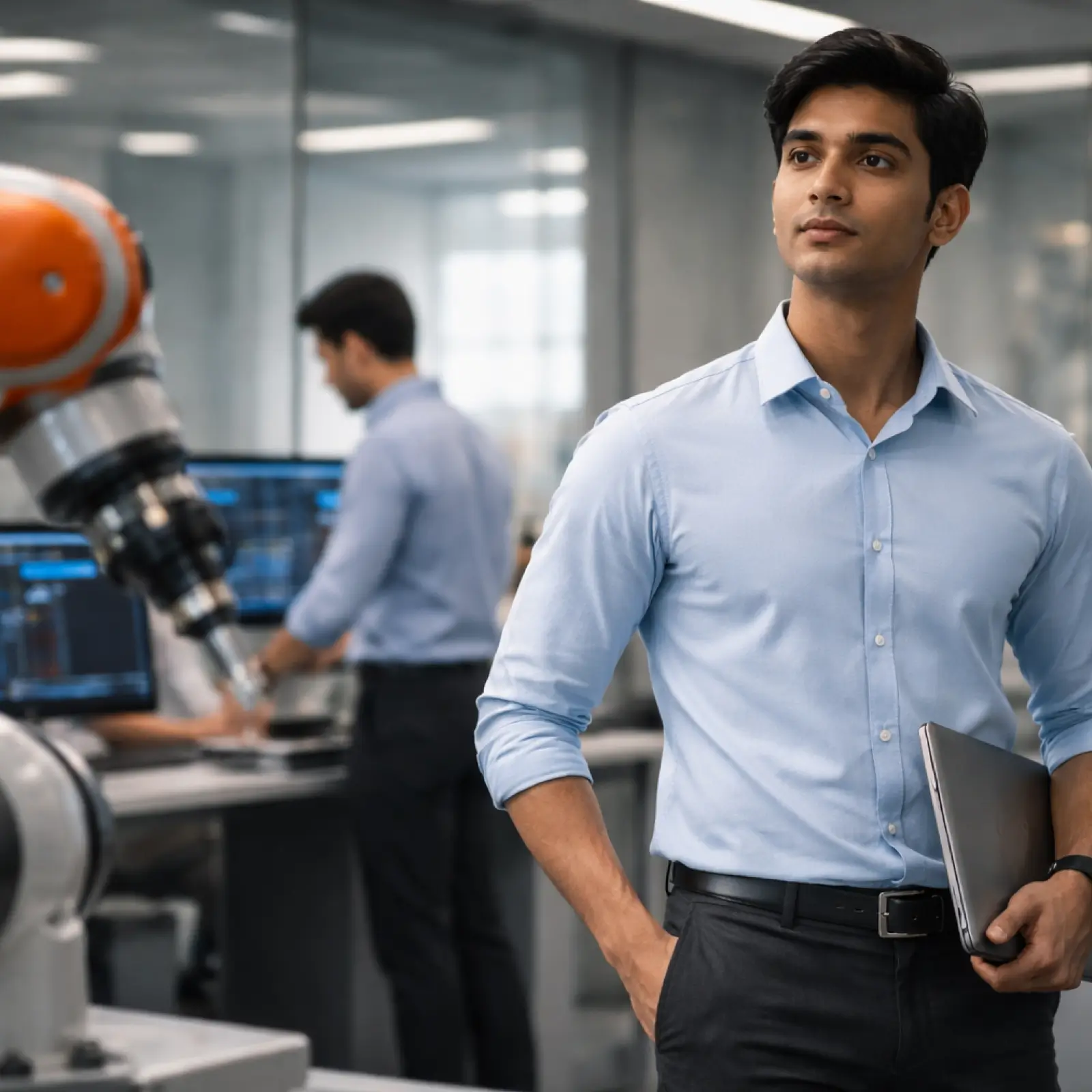 A BTech Robotics graduate working alongside an industrial robotic arm in a smart manufacturing facility in India