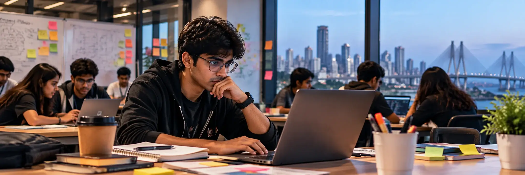 BTech CSE students collaborating on a prototype during a hackathon in Mumbai