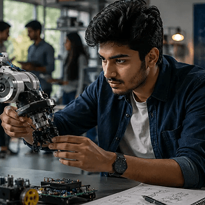 Engineering student building and programming a robot in a BTech in Robotics laboratory