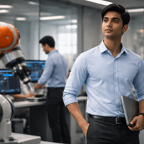 A BTech Robotics graduate working alongside an industrial robotic arm in a smart manufacturing facility in India