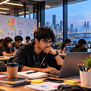 BTech CSE students collaborating on a prototype during a hackathon in Mumbai