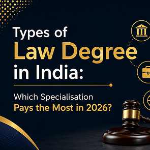 Infographic showing types of law degrees in India including BA LLB, BBA LLB, BCom LLB, three-year LLB law degree, and LLM with key differences