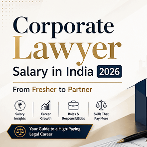 Infographic showing corporate lawyer salary in India across career stages from fresher at ₹4–10 LPA to partner at ₹1 crore plus