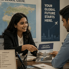 Infographic showing how to study abroad from India covering pathways, costs, exchange programs, scholarships, and planning steps