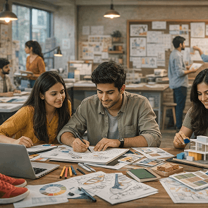 Students working on portfolio projects in a design school studio in Mumbai