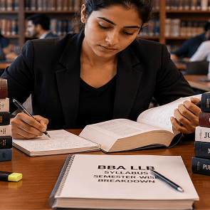 Infographic showing BBA LLB subjects organised semester-wise across all 10 semesters